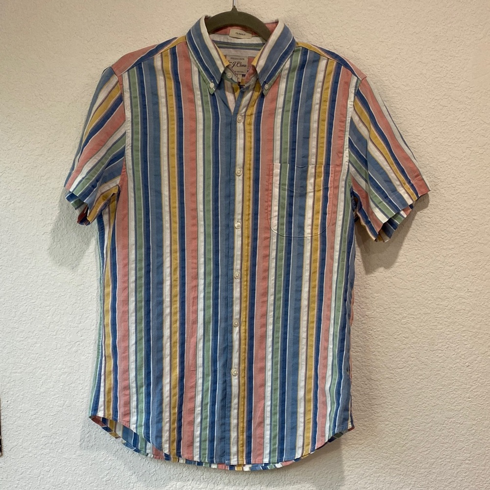 J. Crew Classic Men's Seersucker Striped Short Sleeve Causal Button Down Shirt S